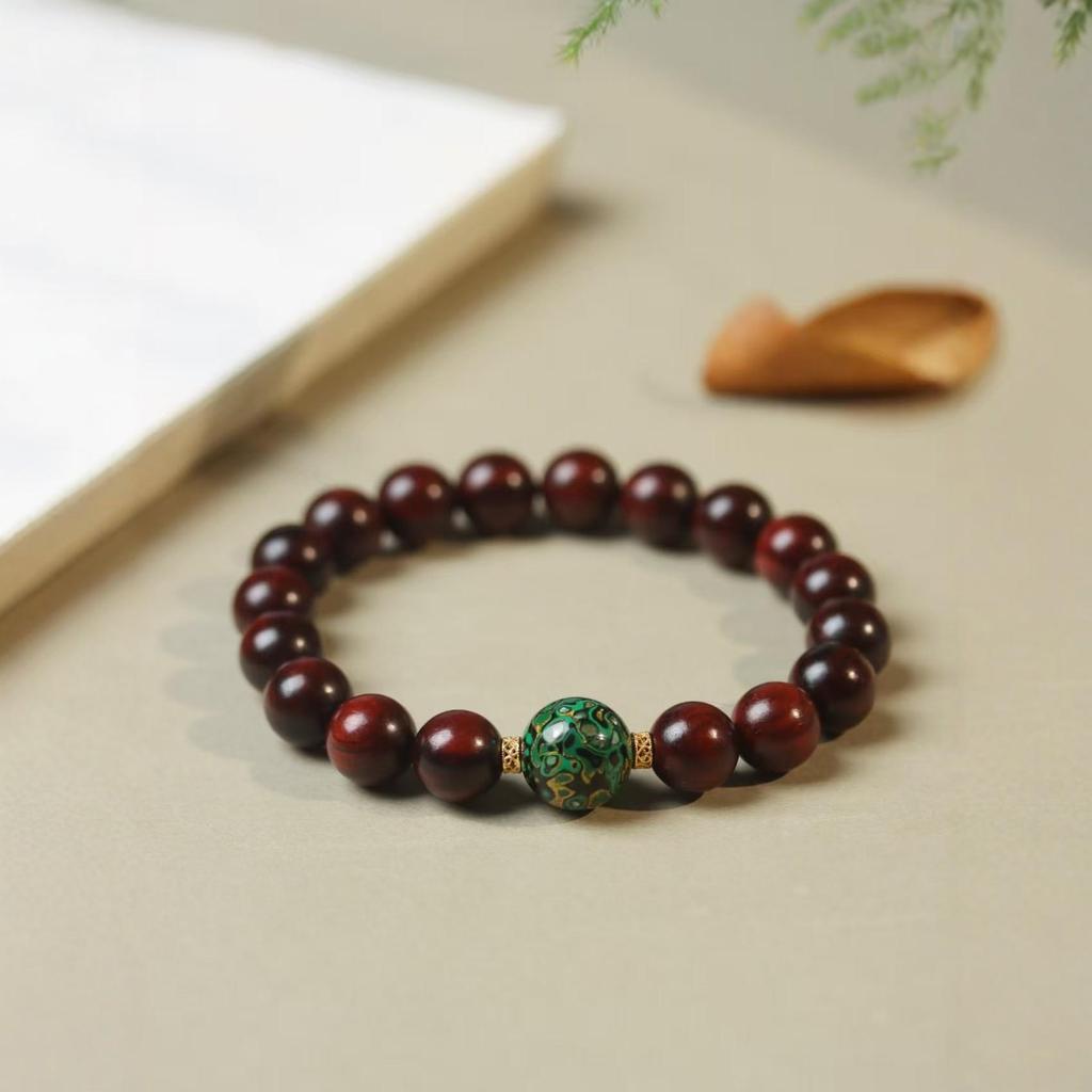 Women's Small-Leaf Rosewood Bracelet with Mother-of-Pearl Bead, Wenwan Buddhist Calming Ornament, Unisex.