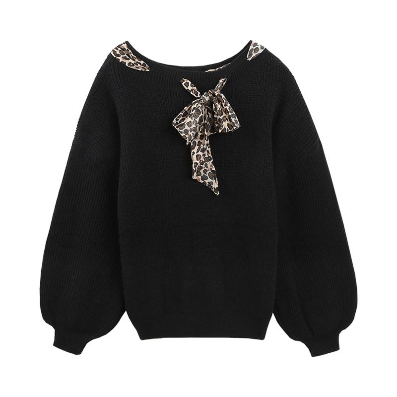 

Женский свитер на шнуровке с леопардовым принтом, однотонный вязаный пуловер, женская осенняя верхняя одежда, свободный корейский топ S чёрный