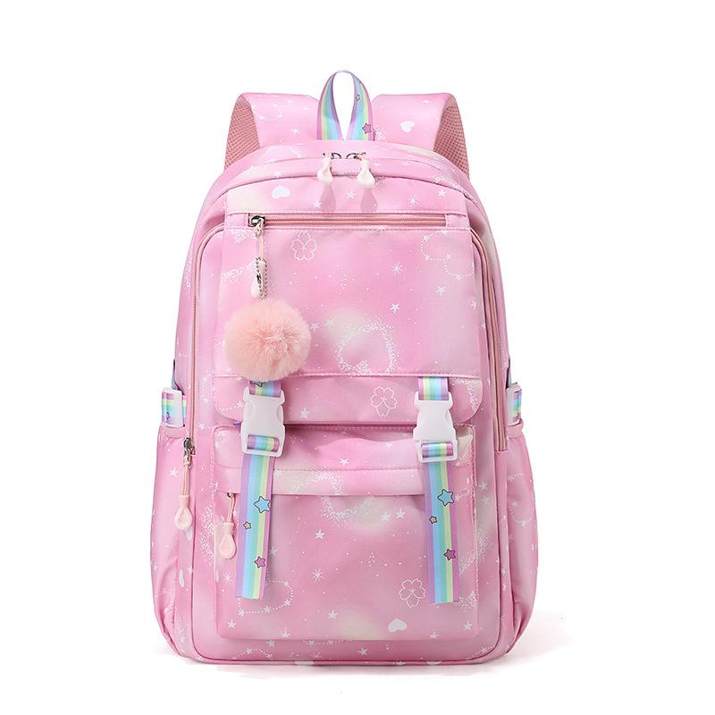Kawaii Farbverlauf Sternenmuster Rucksack für Mädchen Schultasche mit Plüsch-Bommel Teenager Schüler Lässiger Tagesrucksack Reise Rucksack