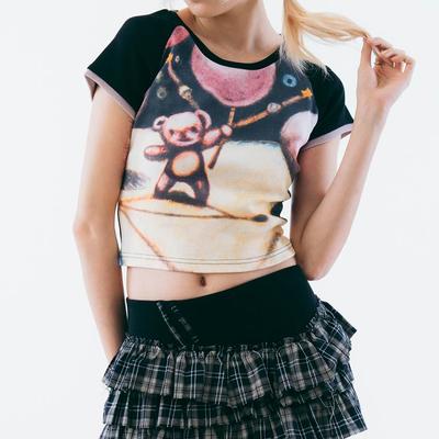 Y2K Streetwear bedrucktes kontrastierendes schulterlanges kurzärmliges Rundhals-T-Shirt für Frühling und Sommer, amerikanisches Hot-Girl-Top