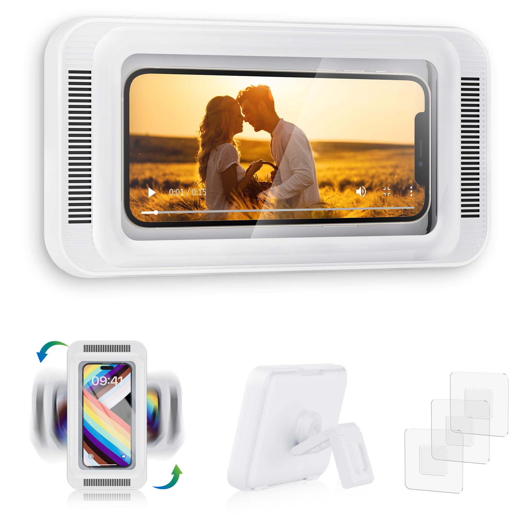 

Держатель для телефона в душ с динамиком, вращение 480°, настенное крепление для телефона в душ, водонепроницаемый противотуманный чехол для душа для телефонов 4-7 белый