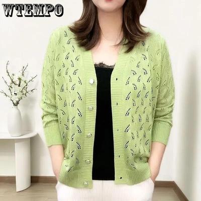 Women's Large Size Solid Color V-Neck Loose Knitted Cardigans Ladies Casual Versatile Long Sleeve Button Short Sweater Thin Cardigans