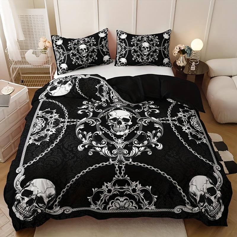 3pcs Breathable Polyester Skull Print Bedding Set - Machine Washable, Includes 1 Duvet Cover & 2 Pillowcases, Perfect for All