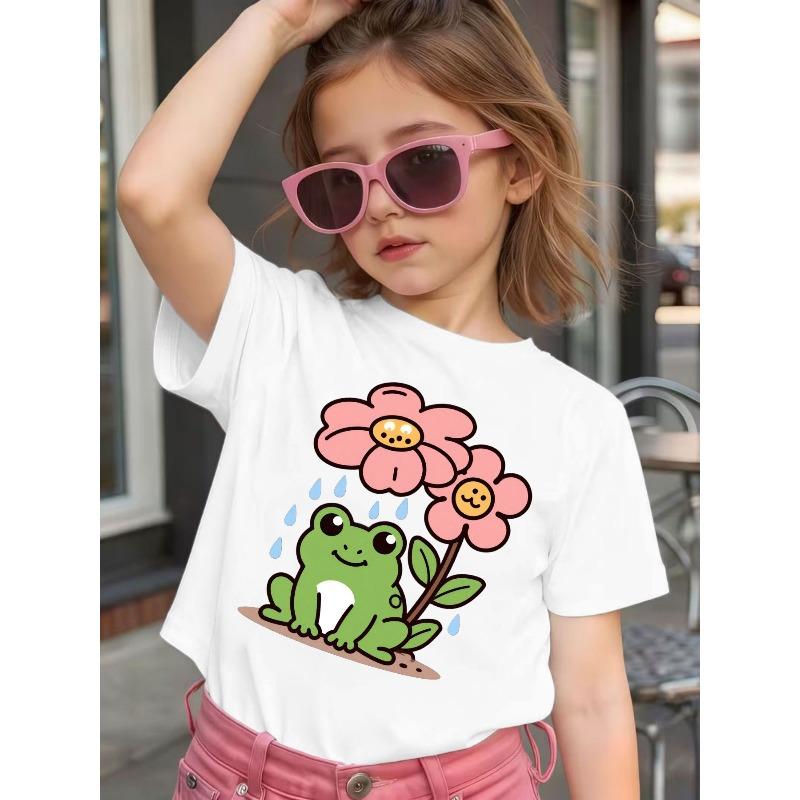 European sizes Girls Short-Sleeve Summer T-Shirt with Cute Cartoon Frog, Flower, and Raindrop Pattern 110