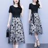 Women Midi Dress Flower Printed Fake Two Piece Mesh Bow-knot Tight Waist Dating Short Sleeves O Neck Lady Party Summer Dress Female Clothes
