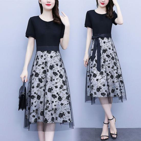 Women Midi Dress Flower Printed Fake Two Piece Mesh Bow-knot Tight Waist Dating Short Sleeves O Neck Lady Party Summer Dress Female Clothes