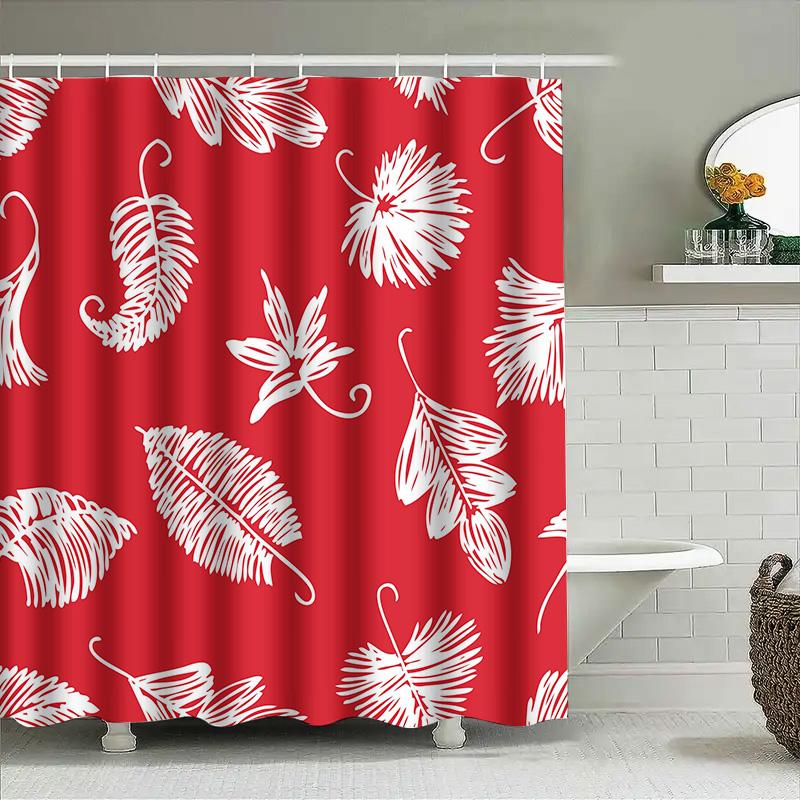 Red And White Palm Leaf Shower Curtain Waterproof Fabric Bathroom Decor Bath Accessories For Home Decoration Size 72X72 Inches (