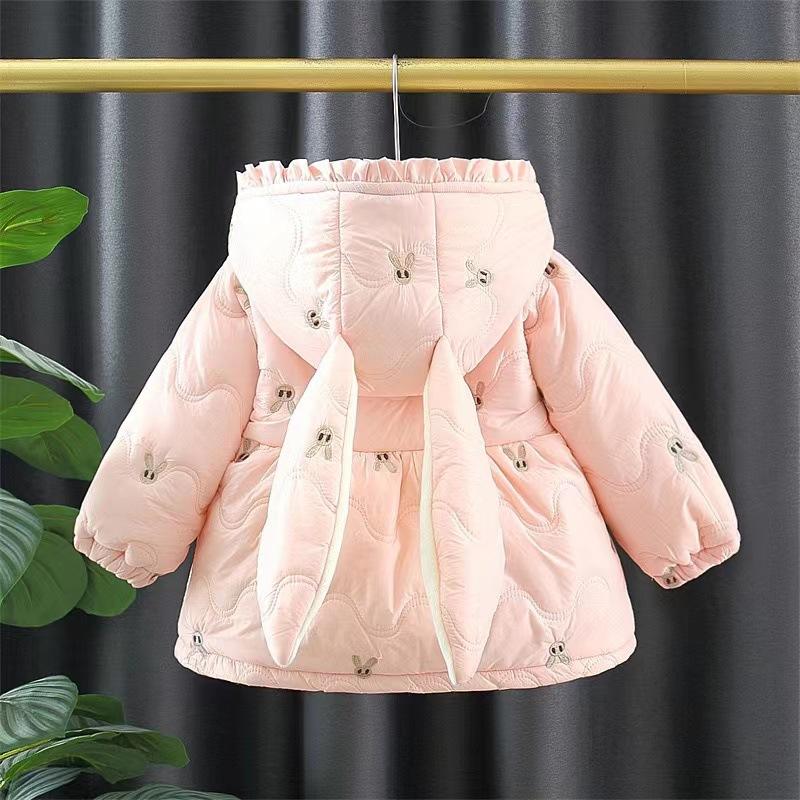 Winter Cartoon Rabbit Long Sleeved Baby Girl Coat Pink Thick Warm Children's