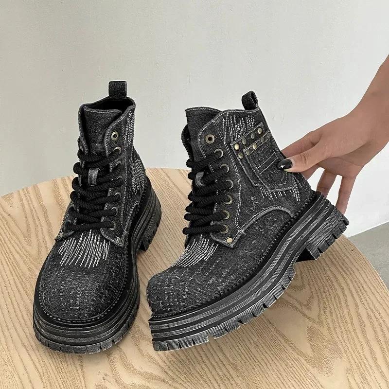 Fashion High quality Women's Ankle Boots Denim 2024 New Autumn Platform Booties Women Lace-up British Retro Cargo Boots Women winter