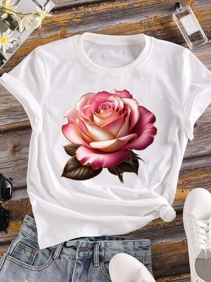 (Asiatische Größe) Damen T-Shirt Blumen Aquarell Kleidung Lässig Kurzarm T-Shirt Mode Print Damen Weibliche Grafik T-Shirts