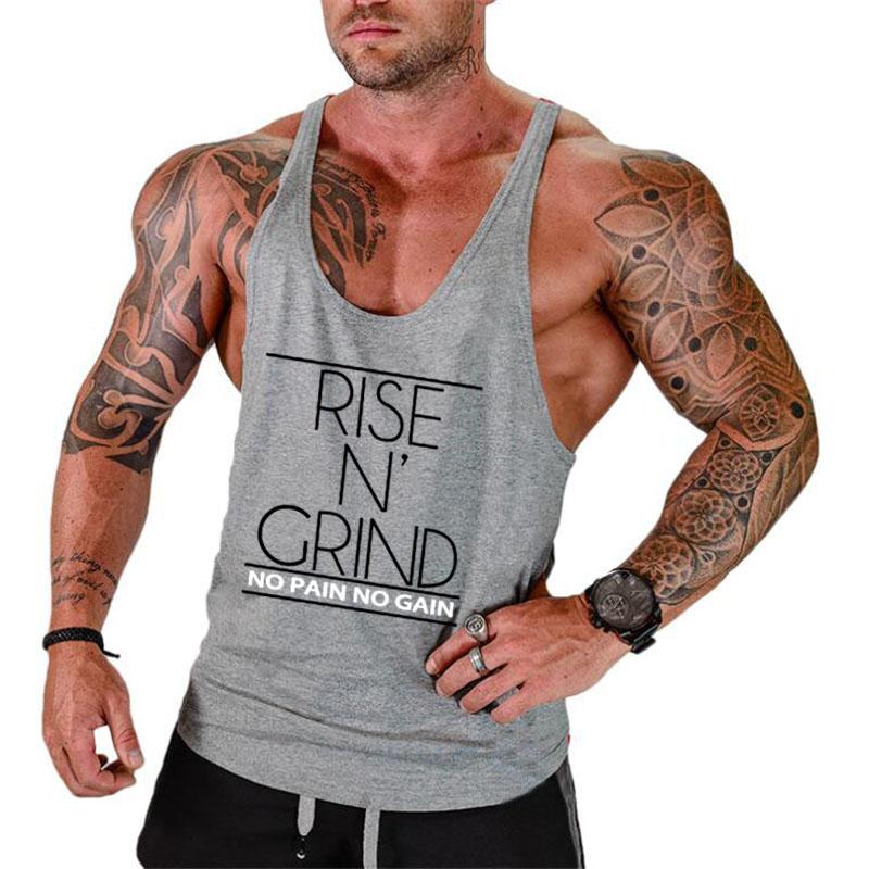 Muscleguys RISE N GRIND NO PAIN NO GAIN Bodybuilding Stringer Tank Tops Men Gym Clothing Cotton Workout Fitness Sports Running Vests
