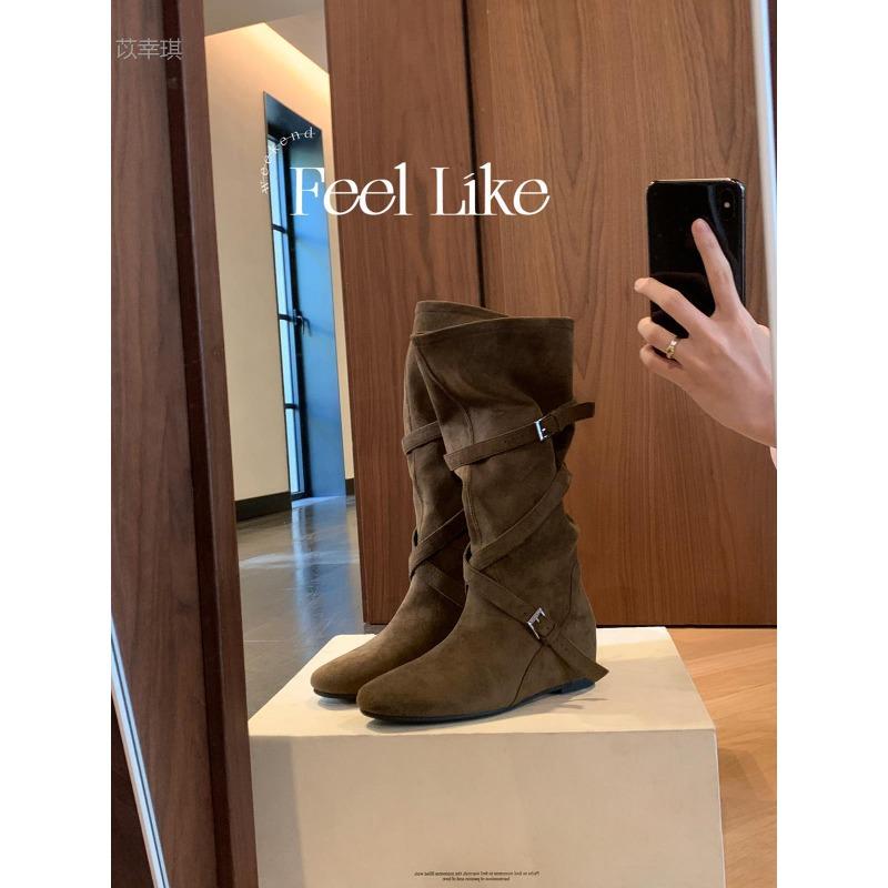 Cowhide version inner height increase cm knight boots women's cross buckle pleated long boots slim medium boots