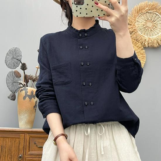 Cămașă de damă din tifon de bumbac cu strat dublu, cu guler din dantelă și design cu guler înalt și nasturi dubli - Mânecă lungă, croială largă, stil japonez versatil.