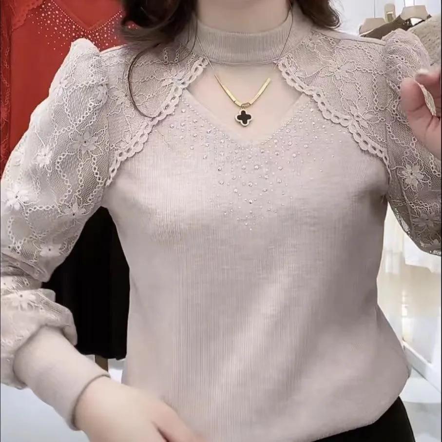 Women's Spring and Autumn Design Half Height Neck Outerwear Hollow Lace Bottom Top