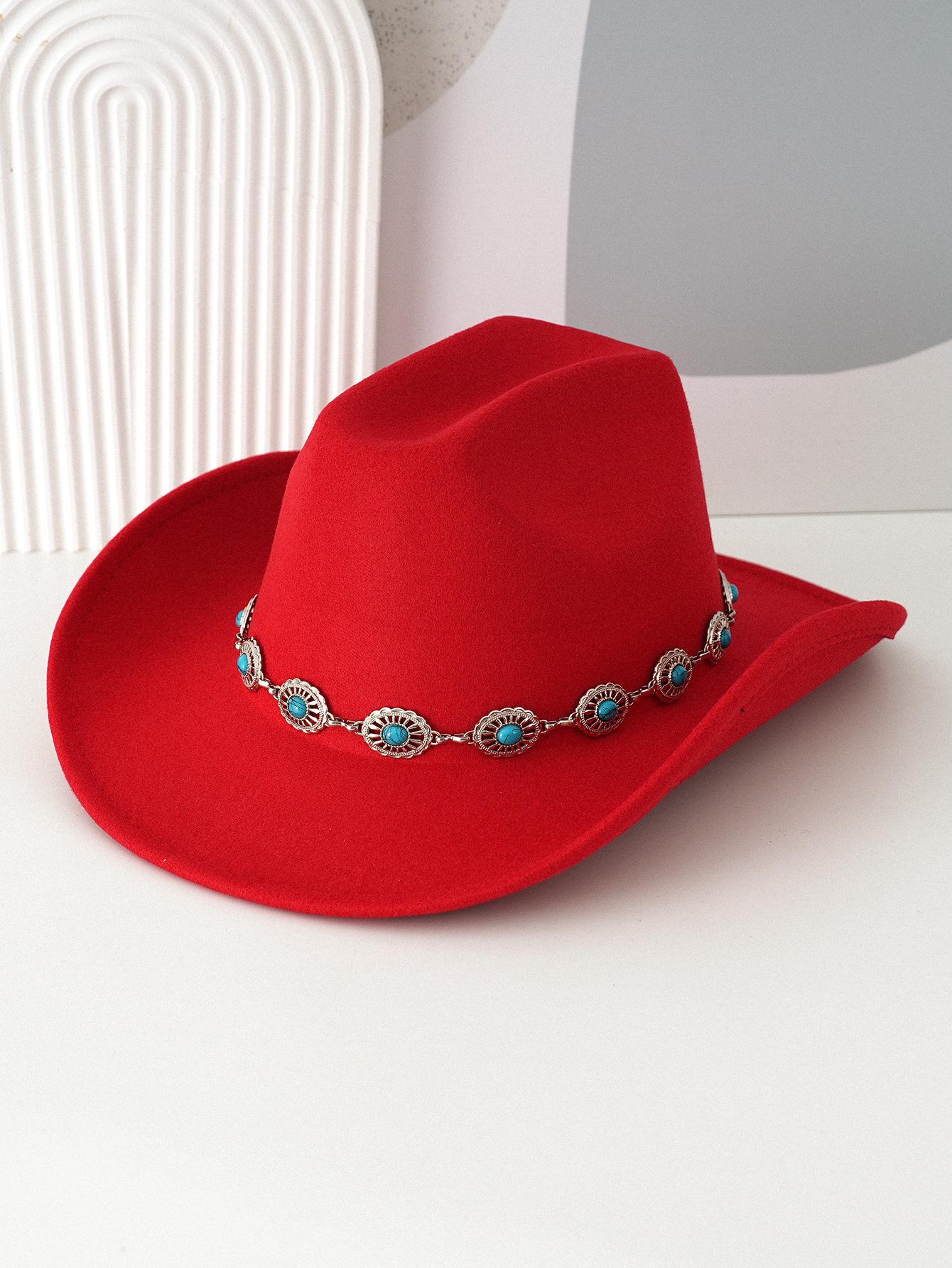 

Popular Trendy Men s And Women s Turquoise Waistband Hat With Top Hat Retro Wide Brim Design Party Hat красный