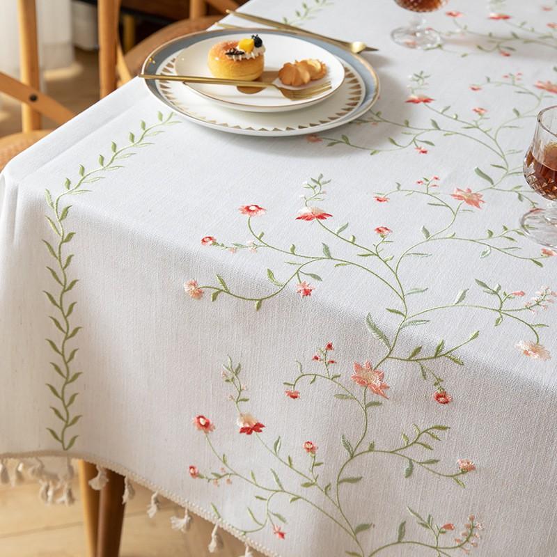 Waterproof Linen Blend Tablecloth Embroidered Stain Resistant Durable Dining Table Cover
