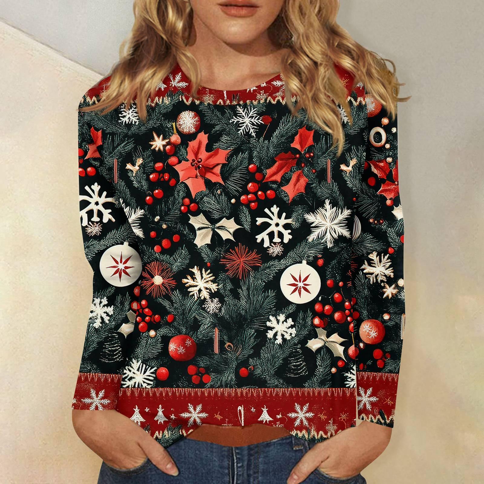 

Женская мода повседневный рождественский принт круглый вырез длинный рукав пуловер топ M тёмно-синий