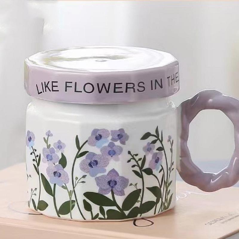 Retro Watercolor Flower Cup Ceramic Romantic Style Design Niche Coffee Mug Cover Light Luxury High End