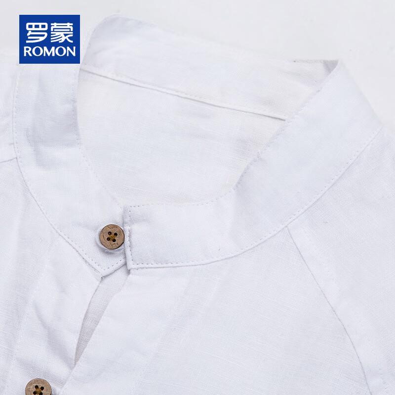 ROMON Men's 100% Linen Stand-Up Collar Long Sleeve Shirt