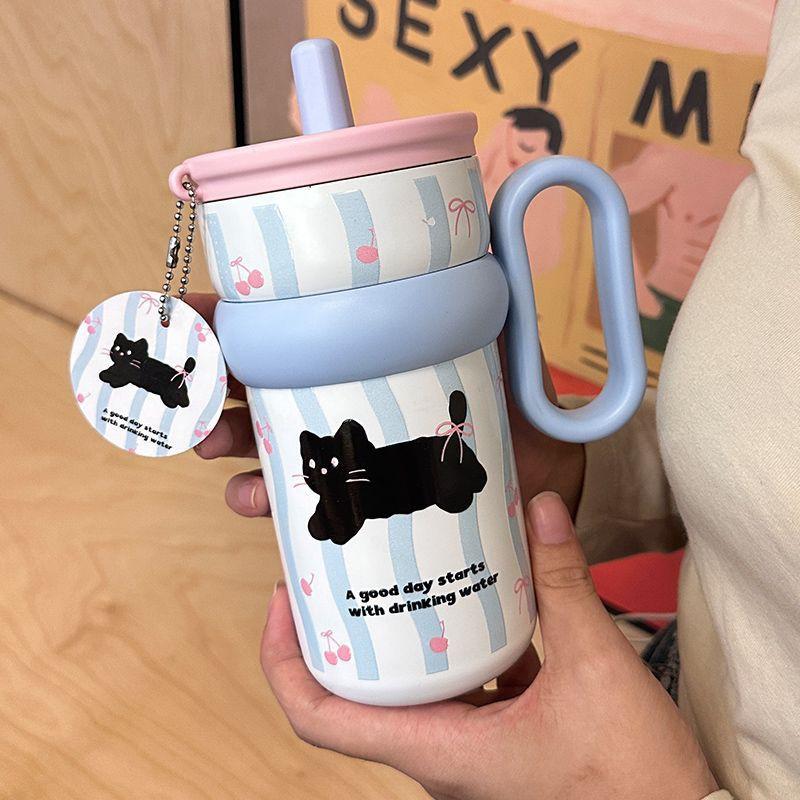 Large Capacity Insulated Stainless Steel Travel Mug With Handle Straw Women Office Students