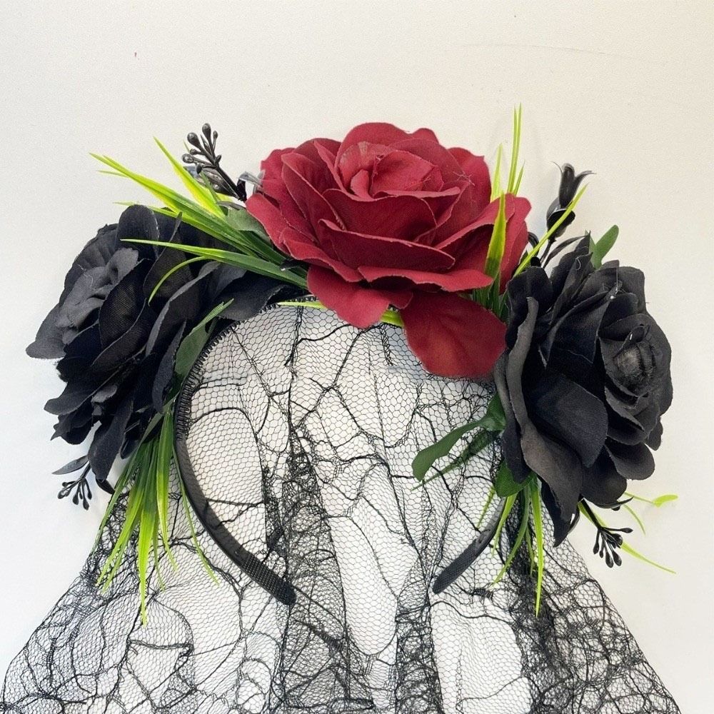 Gothic Halloween Veil Headband Halloween Costume with Black Veil Floral Hair Hoop Hair Band Headdress Party Headpiece