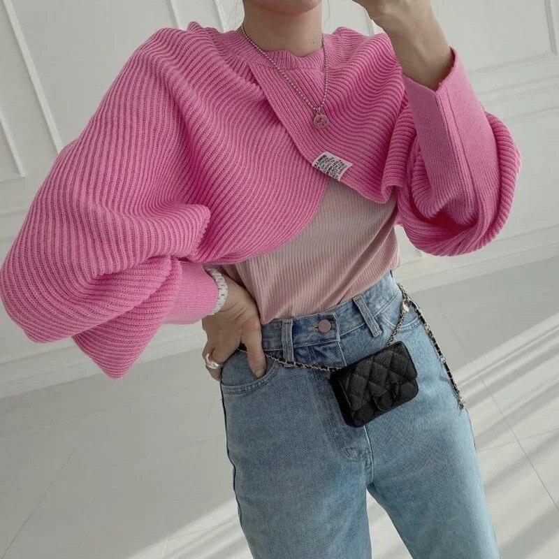Korean Style Chic Raglan Long Sleeve Pullover Sweet Loose Letter Patch Split Sweater Casual V-neck Office Lady Tops Jumper 29612