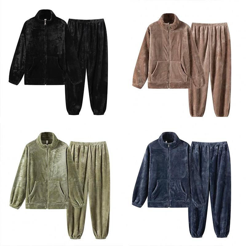 Women Sleepwear Winter Home Wear Thicken Pajamas Set Warm Coral Fleece High Collar