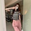 Niche unique striped crew neck short-sleeved T-shirt new Spice Girl sexy pure desire foreign style fashion top ins