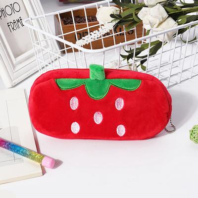 Pencil Case Large Capacity Zipper Closure Creative Portable Flannel Cartoon Strawberry Shape Pencil Bag Home Supplies
