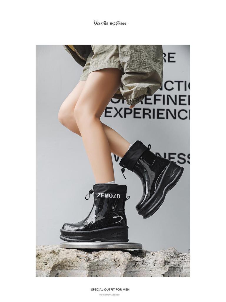 Women's Waterproof Thick-Soled Drawstring Rain Boots - Short, Height-Boosting Rubber Shoes for Outdoor and Kitchen Use
