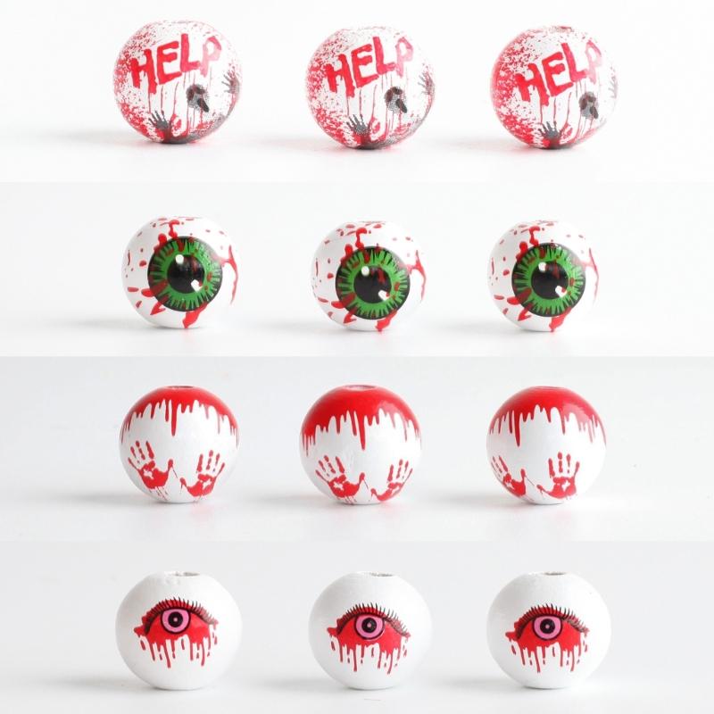 40 Stück Runde Perlen Halloween Holzperlen Gruselige Augäpfel Muster Holzperlen für Basteln Halsketten Schlüsselanhänger Herstellung