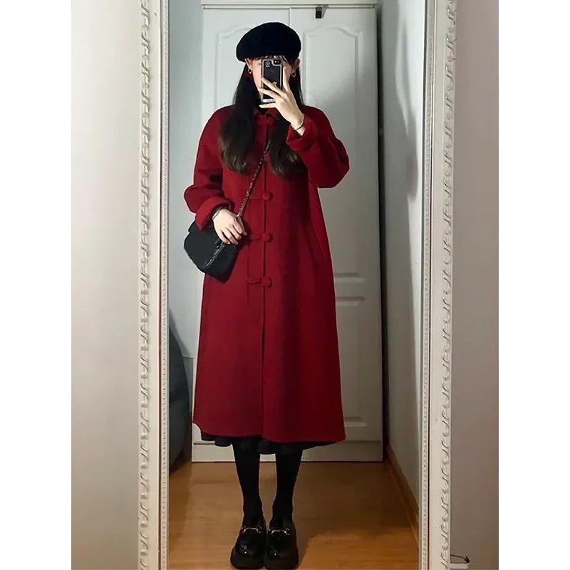 Red Woolen Coat for Women's Autumn and Winter New Korean Medium and Long Woolen Coat