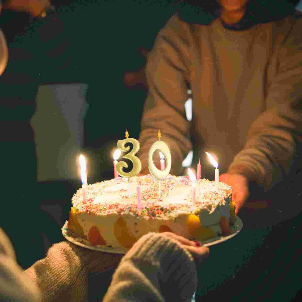 2pcs 30 Birthday Number Decoration Bithday Cake Topper Candles Party Supplies (Number 3+0, Golden)