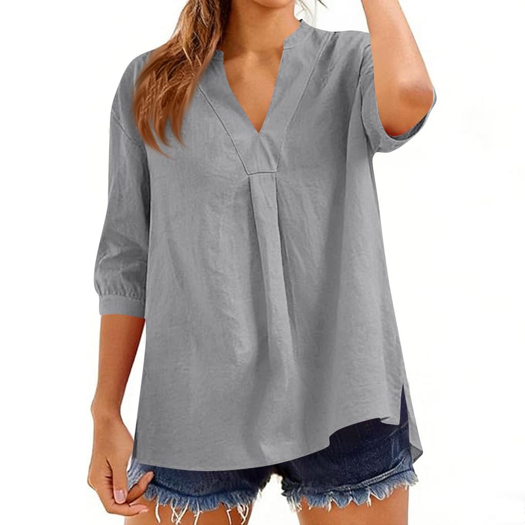 Womens 34 Sleeve V Neck Blouse Loose Fit Solid Tunic Top Casual Pullover Lightweight Comfortable Shirt for Daily Wear
