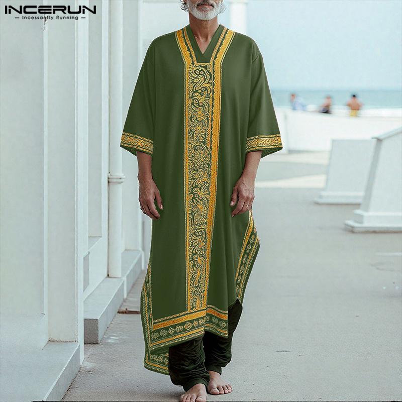 INCERUN Men Deep V Neck 3/4 Sleeve Floral Print Casual Loose Long Robes Tunic Tops