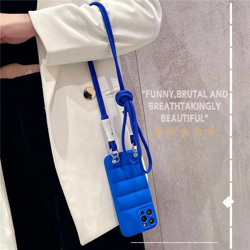 Crossbody Necklace Strap Lanyard Down Jacket Silicone Soft Phone Case For 15 14 13 Pro Max 12 11 XS XR Puffer Case