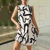 Summer Women Dress Stand Collar Color Matching Print Loose A-line Sleeveless Above Knee Length OL Commute Style Dating Mini Dress