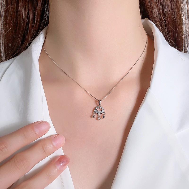 Womens Full Zircon Inlaid Safety Lock Necklace Light Luxury High-end Style Auspicious Cloud Bell Ruyi Longevity Jewelry
