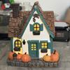 Indoor Resin Harvest House Statue with Warm Window Lighting for Halloween Shelf Styling and Seasonal Fall Scenes