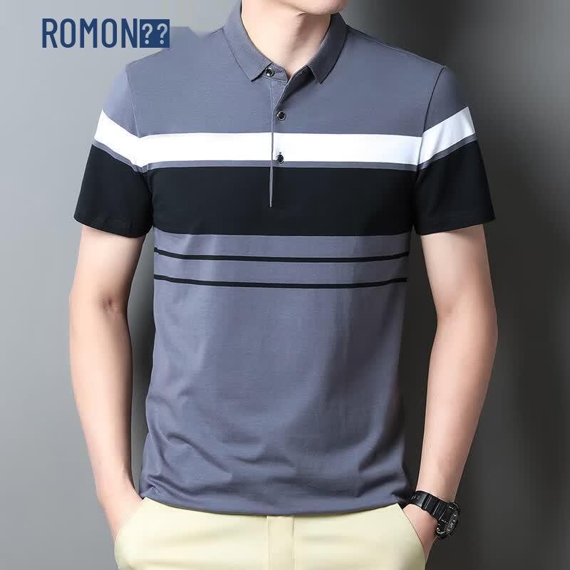ROMON Men s Striped Collared Short Sleeve Polo Shirt M
