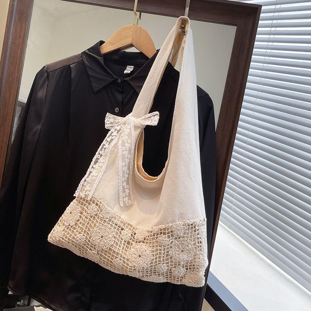 Tote Bag Flower Beach Bag Hollow Out Hollow Shoulder Bag Simple Solid Color Woven Bag  Girls