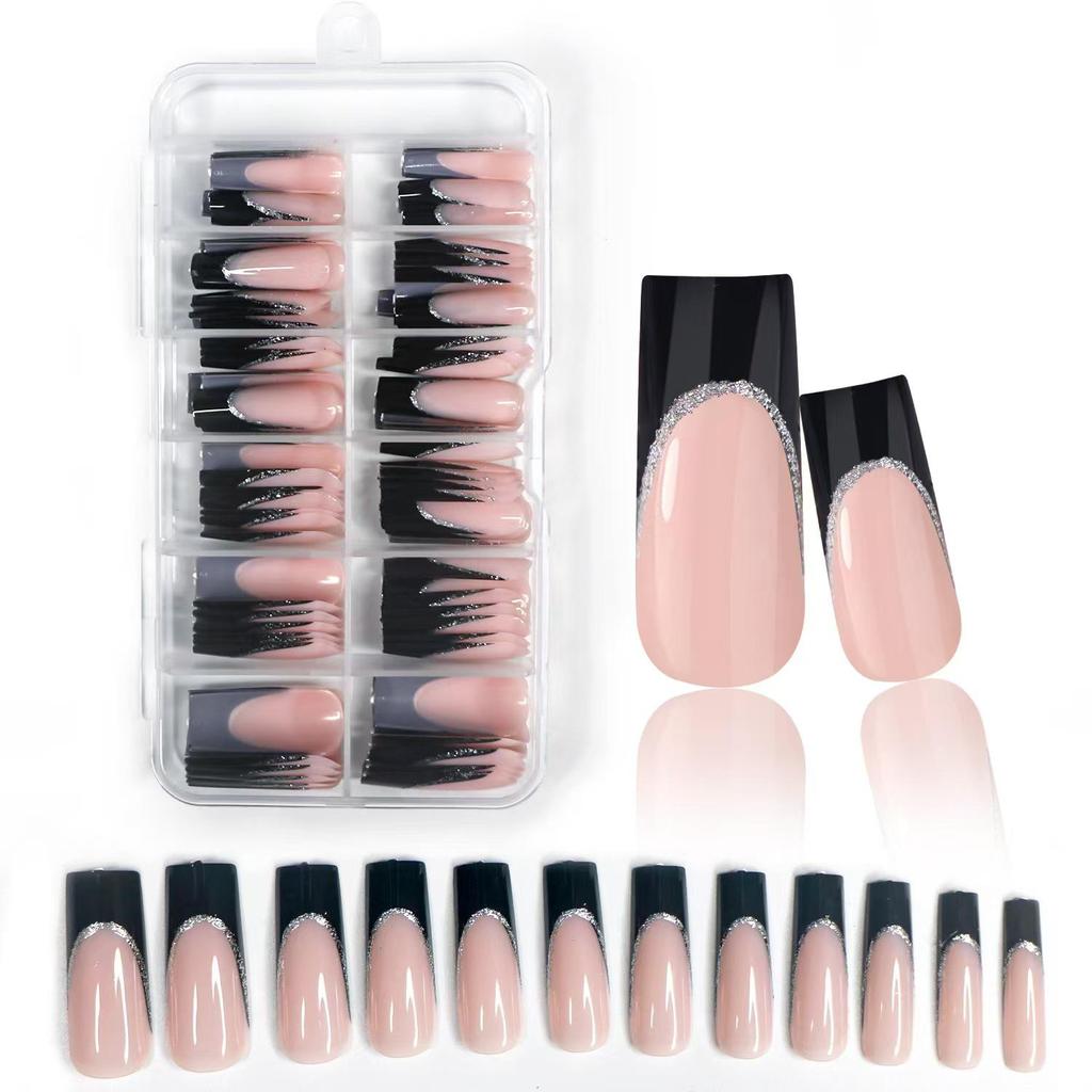 120-Piece Black & White French Square False Nails Set - Reusable Wear-On Manicure Tips