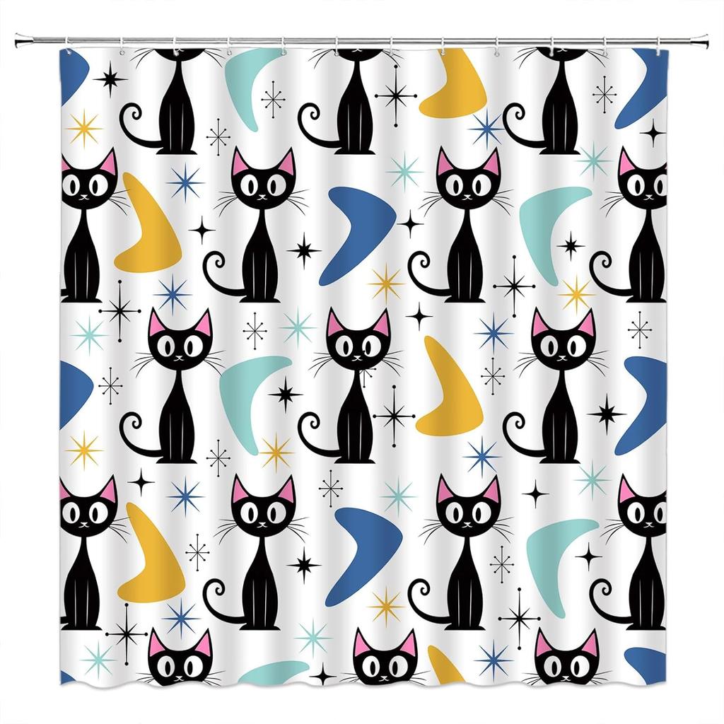 Mid Century Atomic Cat Shower Curtain Modern Abstract Geometric Atomic Black Cat Vintage 50S 60S Retro Colorful Fabric Bathroom
