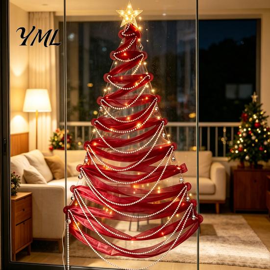 DIY Holiday Fabric Tree Decor Lighted Christmas Kit, Hanging Ornament Set Space Saving for Window Wall, Handmade Craft with LED Lights Luminous
