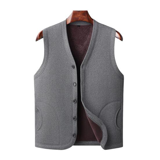 Men Vest Coat V-Neck Sleeveless Single Breasted Waistcoat with Pockets Solid Color Thickened Velvet Lining Coldproof Vest