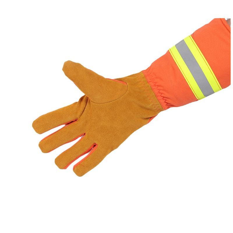 Flame-Resistant Orange Leather Firefighting Gloves - Wear-Resistant & Extended for Rescue One Size
