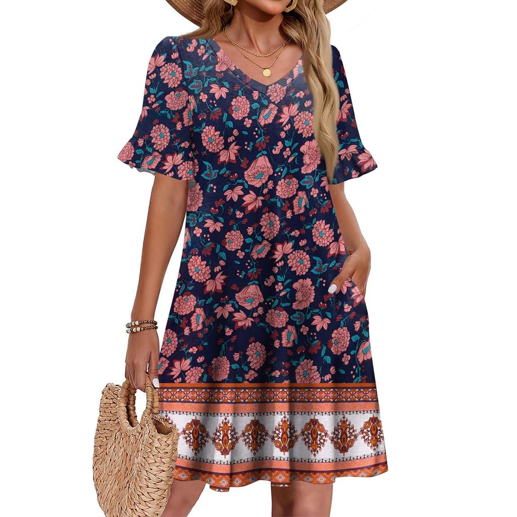 Women A Line Sun Dress Short Sleeve V Neck Printed Dress With Pockets