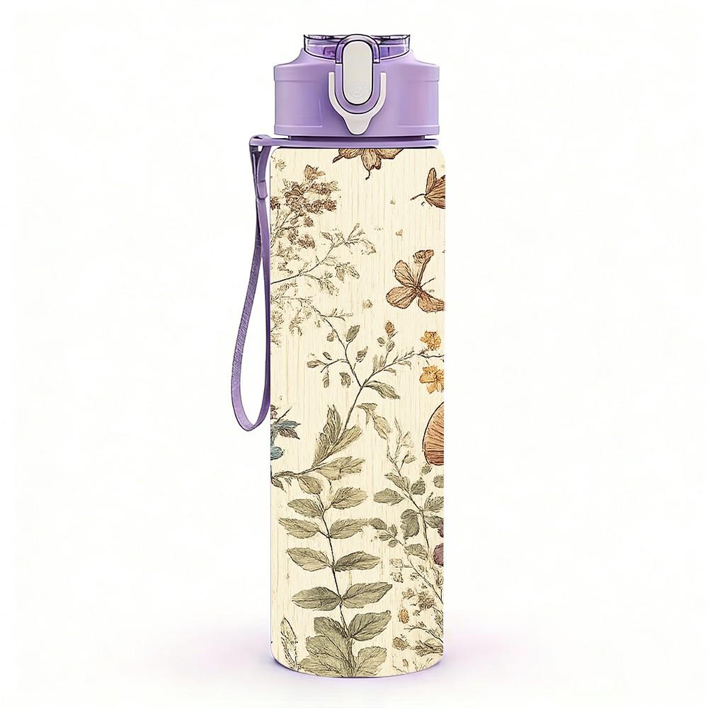1PC Dried Vintage Botanical Plant Print 750ml Color Plastic Sports Water Bottle Leakproof Flip Straw Lid Suitable for Sports Office Home Use