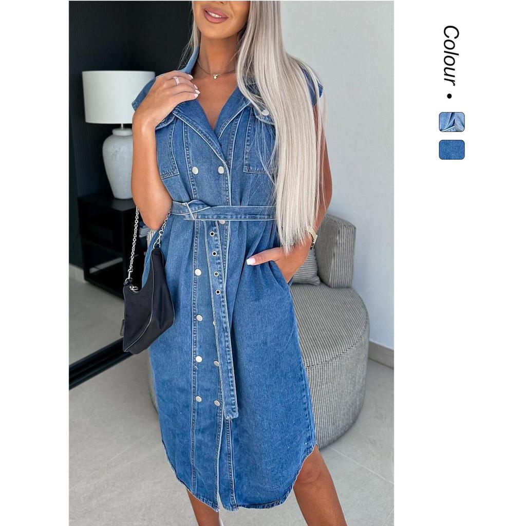Women's Casual Lapel, Sleeveless, Buttoned, Open-chest, Cinched Waist, Lace-up Denim Dress