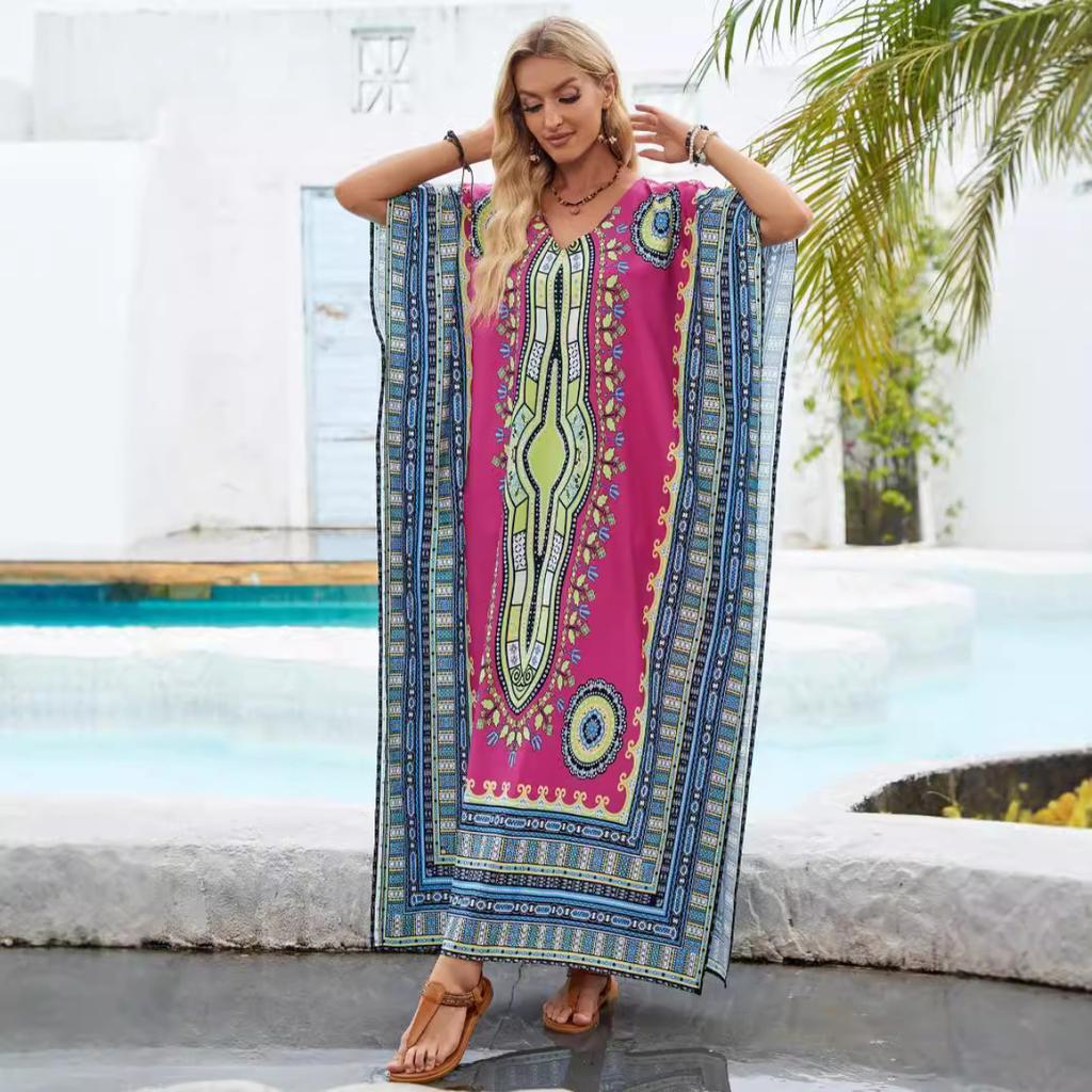 European and American Style Printed Middle Eastern Robe Beach Vacation Loose Bikini Sun Protection Cover-up